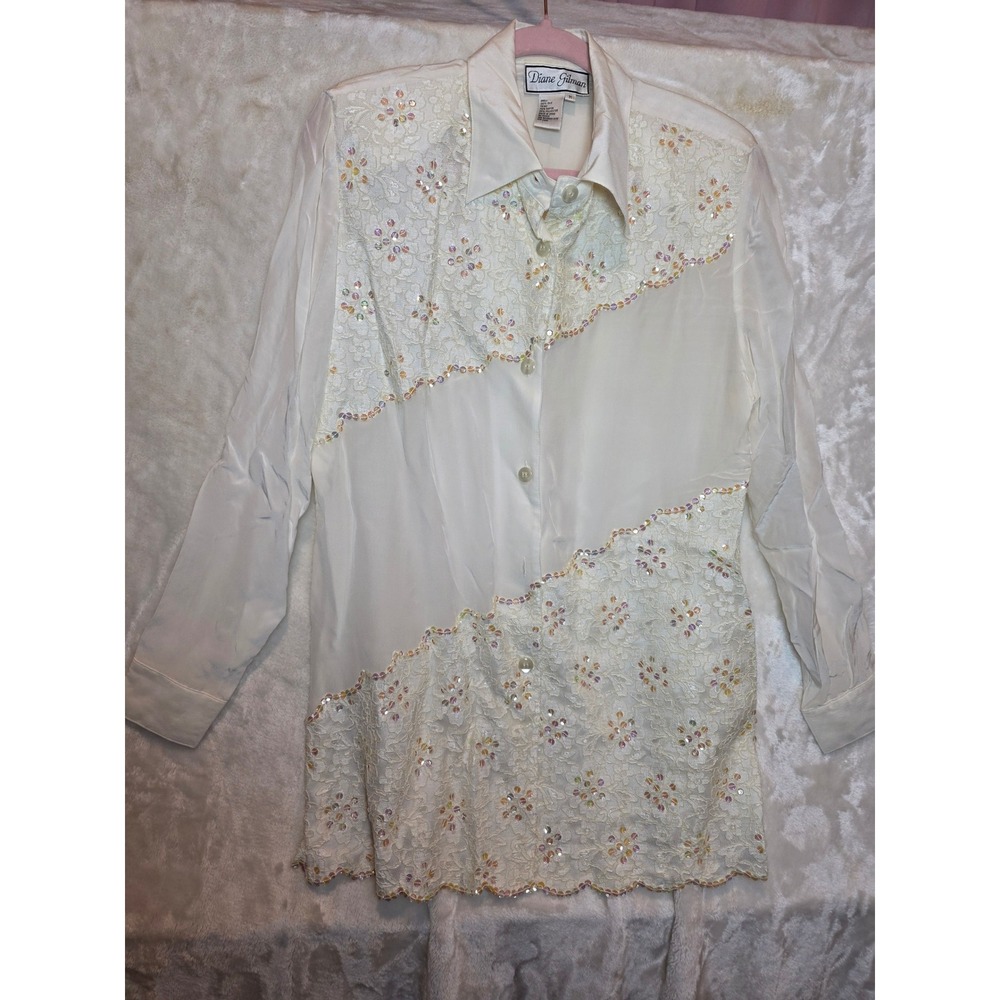 Vintage Diane Gilman Silk Blouse Womens Medium White Lace Sequin Button Down